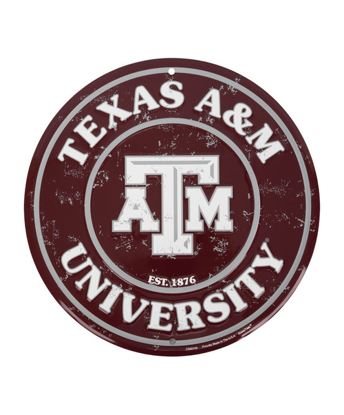 Texas A&M Aggies circular metal sign with distressed maroon design, Texas A&M University text, and logo with Est 1876 detail