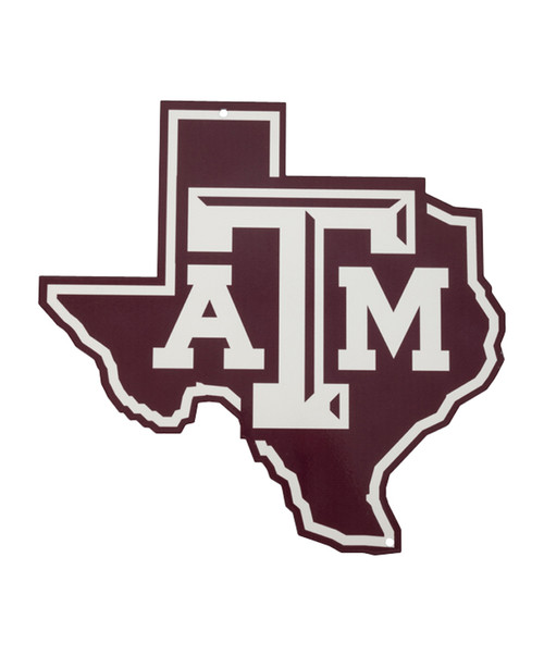 Texas A&M Aggies metal wall sign shaped like Texas with maroon finish and large Texas A&M logo
