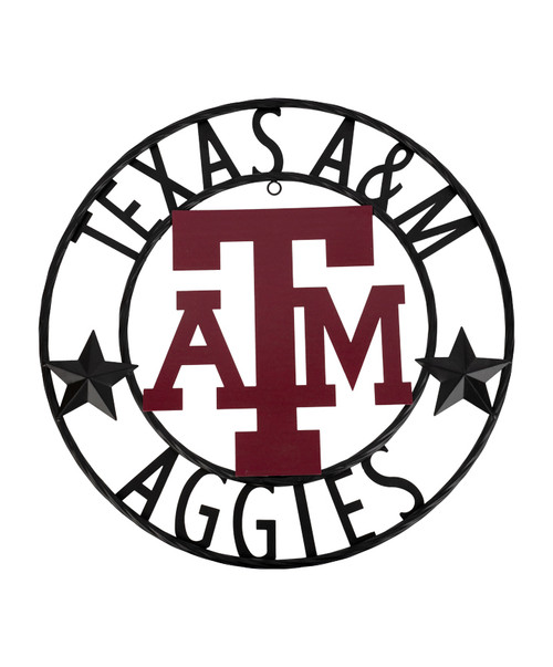 Texas A&M Aggies iron wall sign with circular frame, star accents, and Texas A&M logo in center