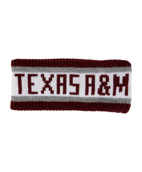 Texas A&M Aggies maroon and white knit earband with Texas A&M text for cold weather