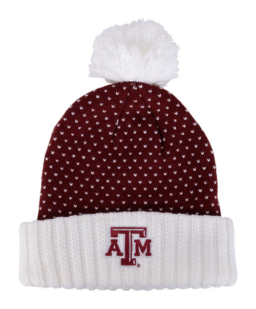 Texas A&M Aggies maroon knit beanie with white cuff, pom on top, and Texas A&M logo on front