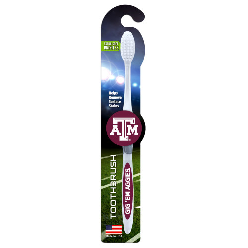Texas A&M Aggies toothbrush with Texas A&M logo on handle in retail packaging
