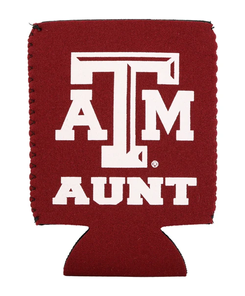 Texas A&M Aggies maroon koozie with Texas A&M logo and Aunt text