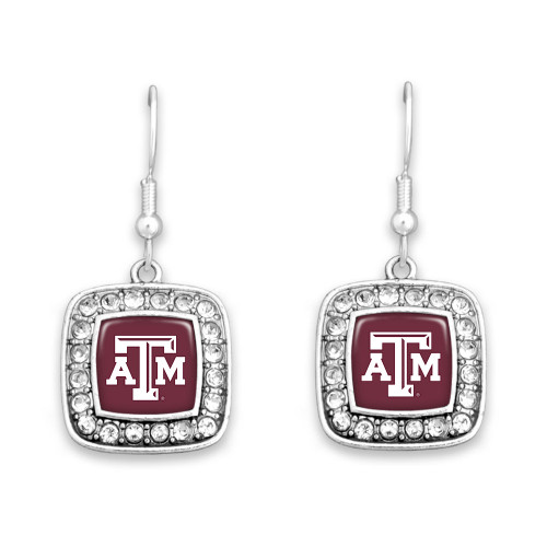 Texas A&M Aggies square drop earrings with maroon center, Texas A&M logo, and sparkling border accents