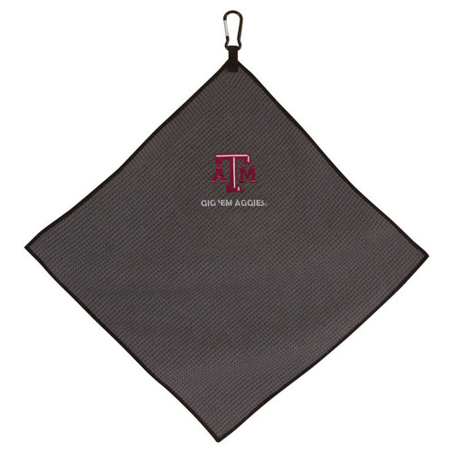 Texas A&M Aggies gray microfiber golf towel with Texas A&M logo, Gig ’Em Aggies text, and clip attachment