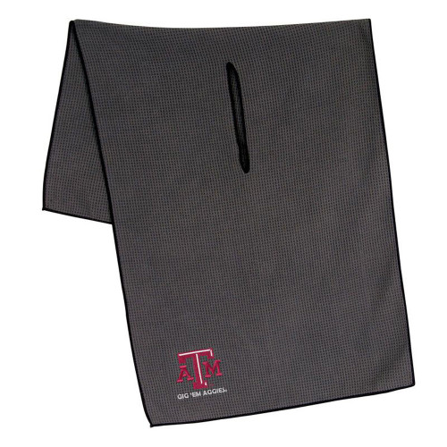 Texas A&M Aggies gray microfiber golf towel with center slit, Texas A&M logo, and Gig ’Em Aggies text