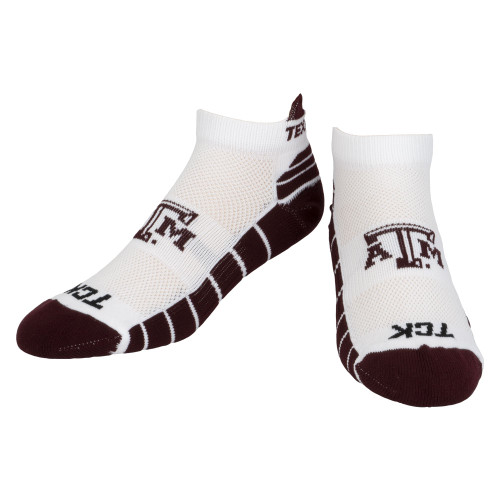 Texas A&M Aggies white no show socks with maroon accents, stripe design, and Texas A&M logo