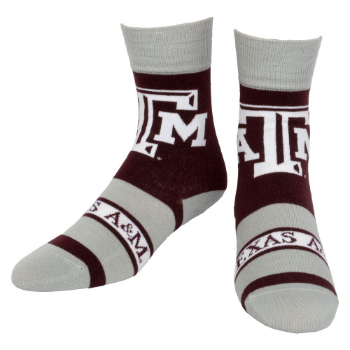 Texas A&M Aggies youth crew socks in maroon, white, and gray with Texas A&M logos and stripe accents
