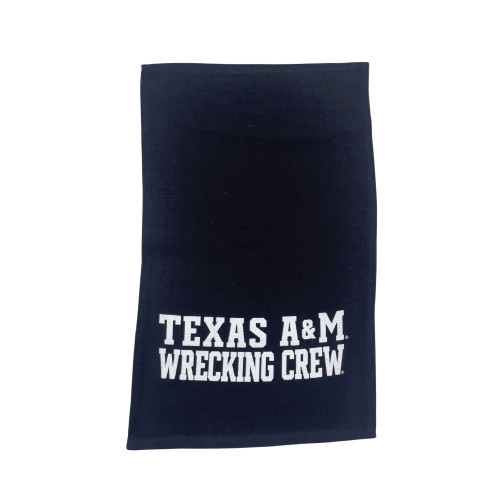 Black towel with bold white “Texas A&M Wrecking Crew” lettering across the bottom. Black towel with bold white “Texas A&M Wrecking Crew” lettering across the bottom.