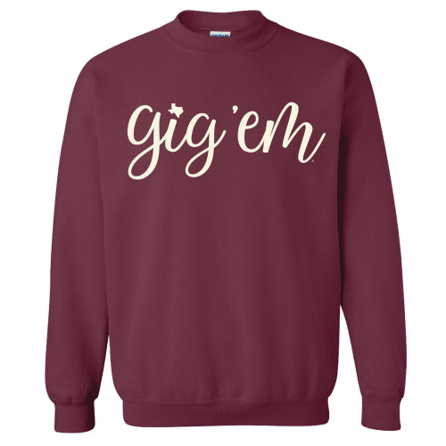 Texas A&M Aggies maroon crewneck with Gig ’Em script text on front