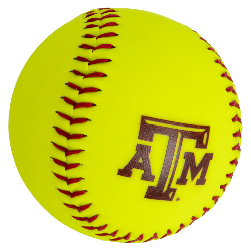 Texas A&M Aggies yellow softball with red stitching and Texas A&M logo