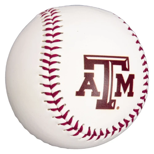 White Texas A&M baseball featuring maroon stitching and the iconic maroon Texas A&M logo. Collectible baseball for display, autographs, practice, and Aggie memorabilia collections.