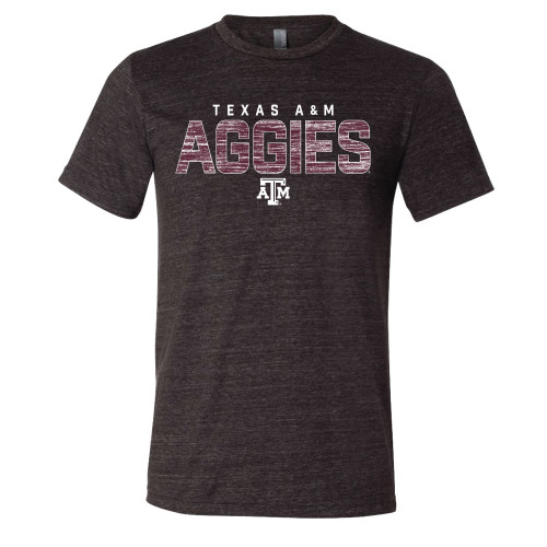Dark heather Texas A&M T-shirt with “Texas A&M Aggies” and TAMU logo printed on the front.