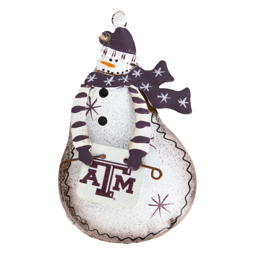 Texas A&M Aggies metal snowman ornament with maroon accents, scarf, and Texas A&M logo