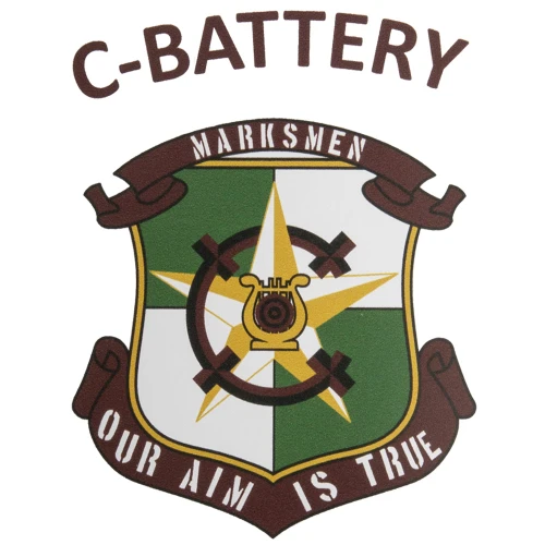 Texas A&M Aggies Corps of Cadets C-Battery Marksmen sticker with crossed rifles, target graphic, and Our Aim Is True text