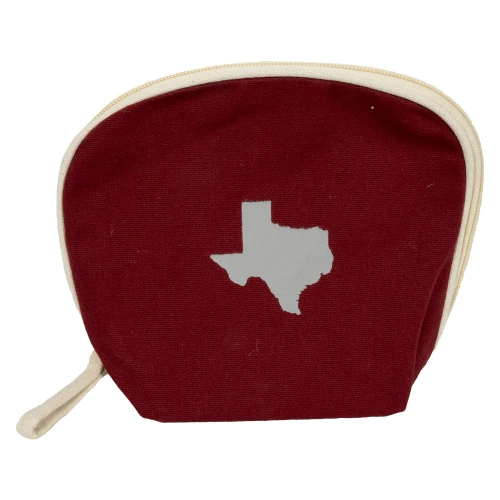 Texas A&M maroon cosmetic bag with white Texas state outline and zipper closure
