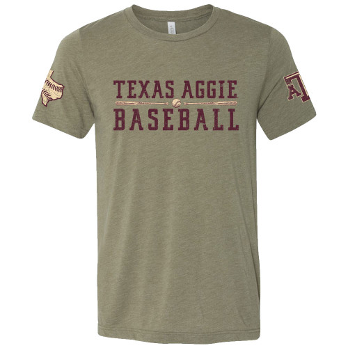 Texas A&M Aggie Baseball Sleeve Design Bella+Canvas Short Sleeve Olive T-Shirt