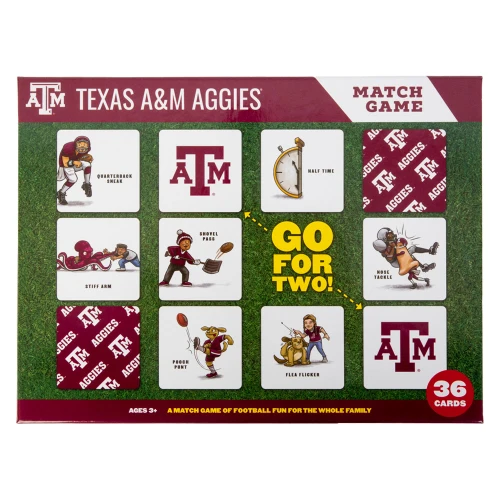 Texas A&M Aggies memory match game set with multiple illustrated cards featuring ATM logos, mascots, and maroon themed designs in a boxed set