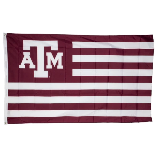 Texas A&M maroon and white 3x5 house flag with ATM logo and USA flag inspired stripe design for outdoor display