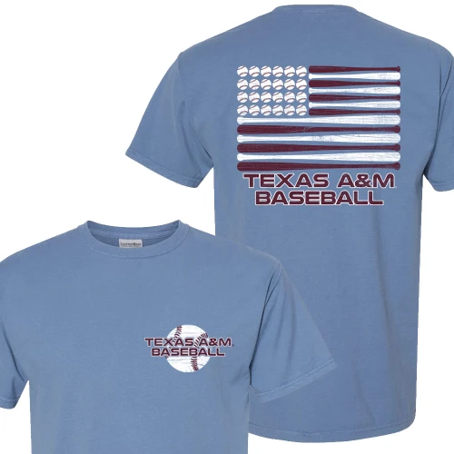 Light blue Texas A&M Baseball t shirt with small front chest logo and large back graphic featuring USA flag design made of baseball icons and Texas A&M Baseball text