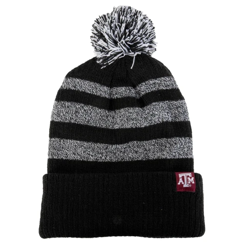 Texas A&M knit beanie with black and gray horizontal stripes, pom on top, and folded cuff featuring ATM logo tag