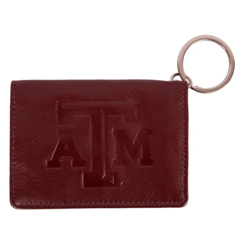 Texas A&M maroon leather ID holder and wallet with embossed ATM logo on front, clear ID window, snap closure, interior card pockets, and attached key ring