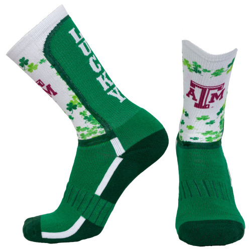 Texas A&M St Patrick’s Day green socks with shamrock pattern, maroon ATM logos, and contrasting heel and toe accents