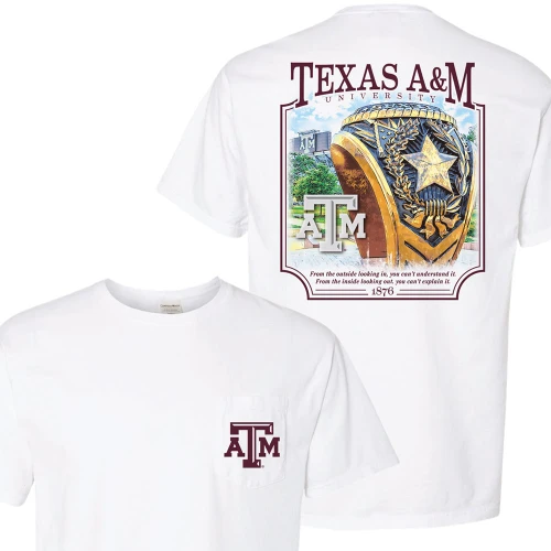 White Texas A&M t shirt with small ATM logo on front and large back graphic featuring Aggie Ring statue and campus postcard style design