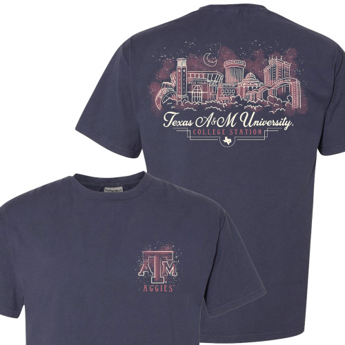 Navy Texas A&M t shirt with small Aggies logo on front chest and large detailed campus skyline illustration with Texas A&M University text on back