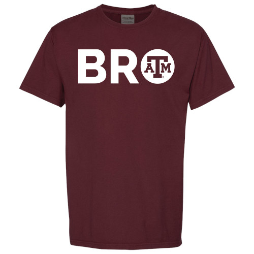 Maroon t-shirt with big white letters spelling BRO; the inside of the O is a maroon ATM logo.