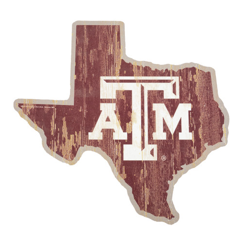 Texas shaped Texas A&M wood sign with distressed woodgrain background and ATM logo