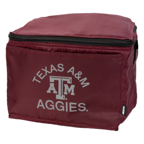 Maroon Texas A&M 6-can cooler bag with insulated construction, zippered top closure, and white Texas A&M Aggies logo on the front.