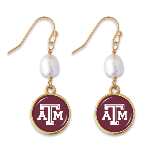 Texas A&M pearl drop earrings featuring a white pearl accent and maroon ATM logo charm with a gold-tone border.