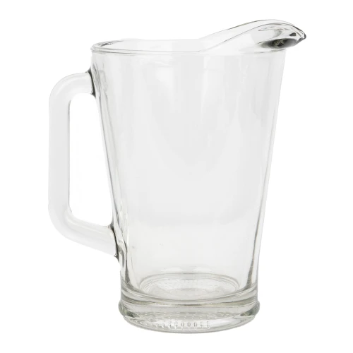 Clear glass pitcher with a sturdy handle, wide opening, and pouring spout. Classic drinkware design ideal for serving beverages, entertaining guests, tailgates, Ring Dunk celebrations, and everyday use.