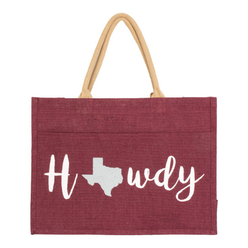 Maroon jute tote bag featuring a white "Howdy" graphic with a Texas silhouette and natural woven shoulder straps. Durable carryall perfect for shopping, tailgates, errands, and everyday use.
