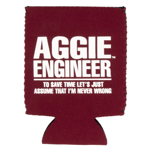 Maroon Texas A&M koozie featuring an "Aggie Engineer" slogan on one side and a large white A&M logo on the reverse. Insulated beverage sleeve designed for engineers, students, alumni, and game day use.