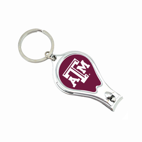 Texas A&M nail clipper key ring featuring a maroon A&M logo insert, silver-tone finish, and attached key ring. Compact grooming accessory designed for everyday carry and travel convenience.