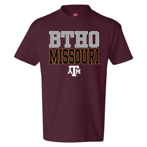 Youth maroon Texas A&M T-shirt featuring bold "BTHO Missouri" lettering across the chest with an A&M logo below. Game day tee designed for young Aggie fans and football season.