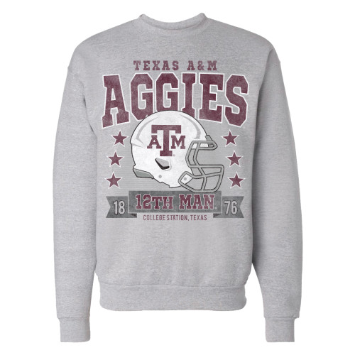 A fun football themed crewneck, the Texas A&M Helmet Stars Crewneck is perfect for casual wear and during the cooler part of football season.
