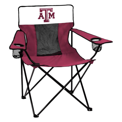 Maroon Texas A&M folding camp chair featuring a black mesh back, white A&M logo on the headrest, cup holders in both armrests, and a collapsible frame for easy transport.