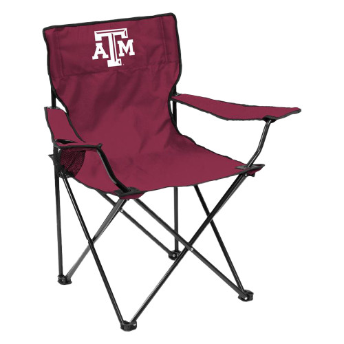 Maroon Texas A&M folding camp chair featuring an embroidered A&M logo on the backrest, built-in cup holder, and collapsible steel frame for tailgates, camping, and outdoor events.