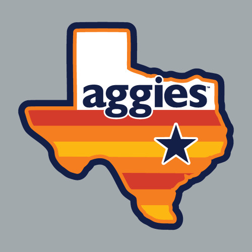 Texas-shaped Texas Aggies decal featuring retro orange and maroon sunset stripes, navy "aggies" lettering, and a white star. Vinyl sticker for vehicles, laptops, water bottles, and other smooth surfaces.