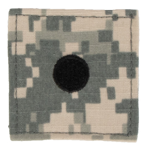 Pair of Texas A&M Corps of Cadets Second Lieutenant ACU rank patches featuring a black embroidered circle on a digital camouflage background. Uniform patches for cadets, collections, and commemorative displays.
