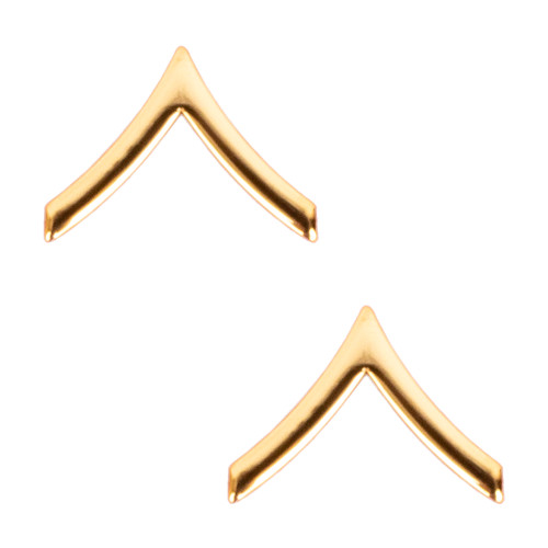 Pair of Texas A&M Corps of Cadets Army Private chevron rank pins featuring a polished gold single-chevron design. Uniform insignia for cadets, commemorative displays, and Corps collections.
