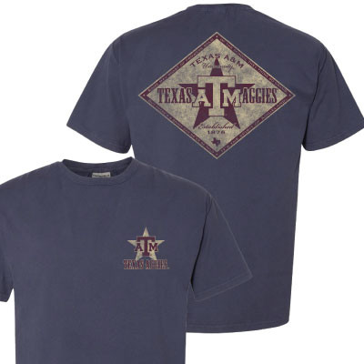 Navy Texas A&M T-shirt featuring a small diamond graphic on the front and a large vintage-style diamond design on the back with Texas A&M Aggies lettering and western-inspired artwork.
