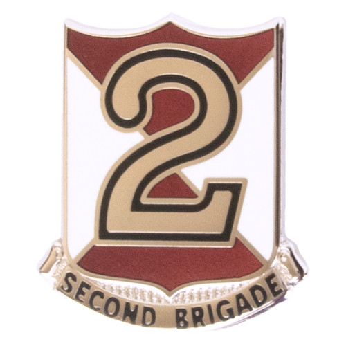 Texas A&M Corps of Cadets 2nd Brigade shield pin featuring a maroon and white enamel shield with a large number 2 and "Second Brigade" banner. Collectible insignia for uniforms and commemorative displays.