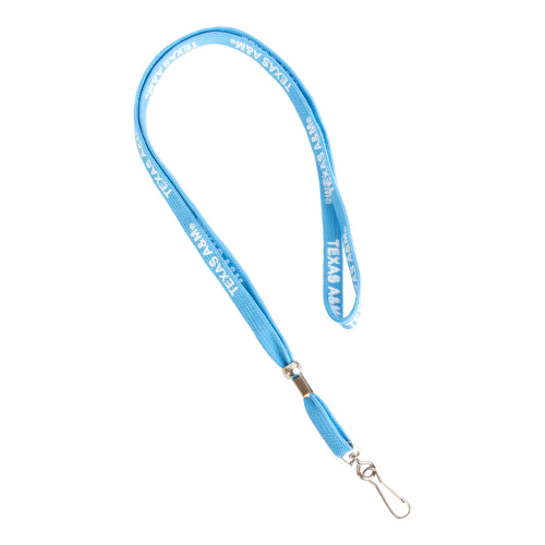 Light blue Texas A&M lanyard featuring repeating Texas A&M graphics and a silver-tone swivel clasp. Ideal for holding keys, ID badges, student IDs, and event passes.
