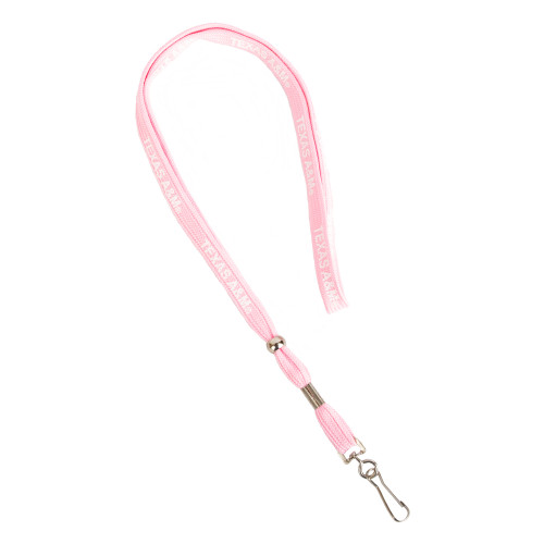 Pink Texas A&M lanyard featuring repeating Texas A&M graphics and a silver-tone swivel clasp. Ideal for holding keys, ID badges, student IDs, and event passes with everyday Aggie style.