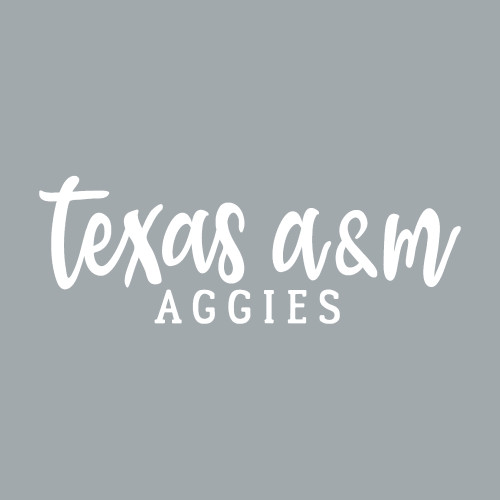 Texas A&M Aggies decal featuring white script "Texas A&M" lettering above bold "Aggies" text. Vinyl sticker for vehicles, laptops, water bottles, coolers, and other smooth surfaces.