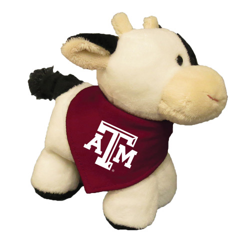 Texas A&M plush cow featuring soft cream and black fur with a maroon bandana embroidered with the Texas A&M logo. Stuffed animal perfect for gifts, nurseries, and Aggie fans of all ages.